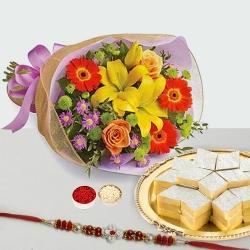 Kaju Katli and Seasonal Flowers Bouquet with Free Rakhi Kaju Katli and Seasonal Flowers Bouquet with Free Rakhi