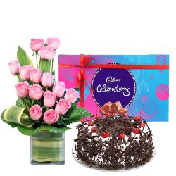 Classic Gift of Pink Rose Arrangement with Flavored Cake and Cadbury Celebration Classic Gift of Pink Rose Arrangement with Flavored Cake and Cadbury Celebration