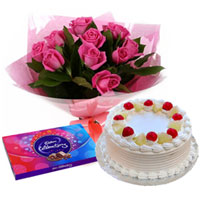 Pleasing Surprise Pink Rose Arrangement, Cake and Cadbury Celebration Pleasing Surprise Pink Rose Arrangement, Cake and Cadbury Celebration
