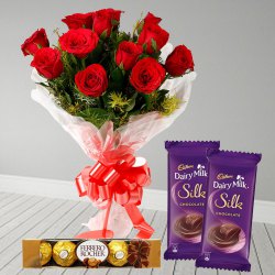 Lovely Treat of Red Rose Bouquet with Ferrero Rocher and Dairy Milk Silk Lovely Treat of Red Rose Bouquet with Ferrero Rocher and Dairy Milk Silk