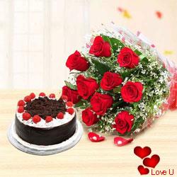 12 Red Rose Bunch with Black Forest Cake 12 Red Rose Bunch with Black Forest Cake