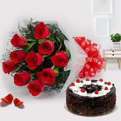 Cherished Black Forest Cake and Red Roses Bunch Cherished Black Forest Cake and Red Roses Bunch