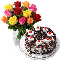 Exclusive multicolor Roses with yummy Black Forest Cake from <font color=#FF0000><strong>Taj or 5 Star Hotel</strong></font> Exclusive multicolor Roses with yummy Black Forest Cake from <font color=#FF0000><strong>Taj or 5 Star Hotel</strong></font>