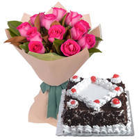 Cheerful 12 Pink Roses Bunch with 1/2 Kg Black Forest Cake Cheerful 12 Pink Roses Bunch with 1/2 Kg Black Forest Cake