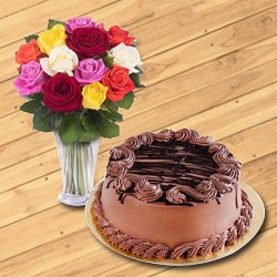 Lovely 12 Mixed Roses in a Glass Vase with 1/2 Kg Chocolate Cake Lovely 12 Mixed Roses in a Glass Vase with 1/2 Kg Chocolate Cake
