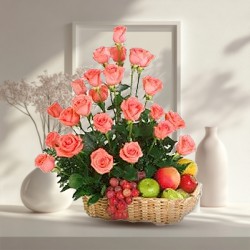 Dozen of incandescent Roses with nutritious Fruits Basket Dozen of incandescent Roses with nutritious Fruits Basket