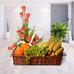 Heavenly Dozen of Pink Roses with Fruits Basket for Celebration Heavenly Dozen of Pink Roses with Fruits Basket for Celebration