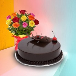 Beautiful Love Surprises 12 Mixed Roses Bunch with Chocolate Cake Beautiful Love Surprises 12 Mixed Roses Bunch with Chocolate Cake