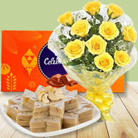 12 Yellow Roses with Cadbury Celebration and Kaju Katli 12 Yellow Roses with Cadbury Celebration and Kaju Katli