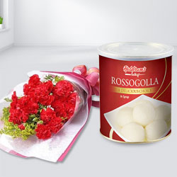 12 Red Carnations Bouquet with Rasgulla 12 Red Carnations Bouquet with Rasgulla