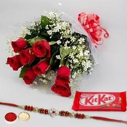 Rakhi with Red Roses and a free Kitkatt chocolate Pack Rakhi with Red Roses and a free Kitkatt chocolate Pack
