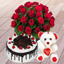 25 Red Roses with 1 Lbs. Black Forest Cake and a Teddey Bear 25 Red Roses with 1 Lbs. Black Forest Cake and a Teddey Bear