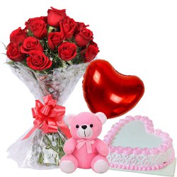 Breathtaking 12 Dutch Red Roses Bunch with Teddy Bear, 1 Lb Love Cake and Heart Shaped Balloons Breathtaking 12 Dutch Red Roses Bunch with Teddy Bear, 1 Lb Love Cake and Heart Shaped Balloons