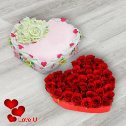 Heart Shape Dutch Red Roses with Heart Shape Cake Heart Shape Dutch Red Roses with Heart Shape Cake