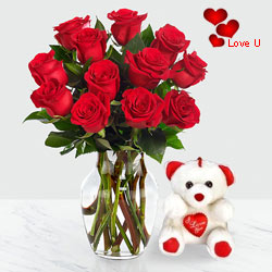12 Dutch Red Roses in Vase with a Cute Teddy Bear 12 Dutch Red Roses in Vase with a Cute Teddy Bear