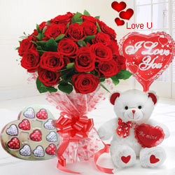 24 Exclusive Red Dutch Roses Bouquet and Heart Shape Chocolate Box, Heart Shape Balloon and Small Teddy Bear 24 Exclusive Red Dutch Roses Bouquet and Heart Shape Chocolate Box, Heart Shape Balloon and Small Teddy Bear