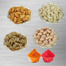 Mixed Dry Fruits with Silver Plated Bowls (Pistachio, Raisin, Cashew, Almond) with free Gulal/Abir Pouch Mixed Dry Fruits with Silver Plated Bowls (Pistachio, Raisin, Cashew, Almond) with free Gulal/Abir Pouch
