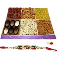 Zestful Marvel Dry Fruit and Chocolate Assemblage with One Rakhi and Roli Tilak Chawal Zestful Marvel Dry Fruit and Chocolate Assemblage with One Rakhi and Roli Tilak Chawal