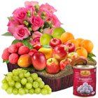 Delectable Fresh Fruits Basket with Haldiram Rasgulla and Rose Bouquet Delectable Fresh Fruits Basket with Haldiram Rasgulla and Rose Bouquet