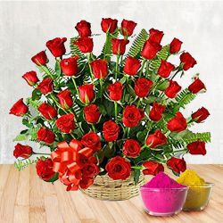 50 Red Roses Arranged in a Basket with Greens and Fillers to show you are there on this auspicious Occasion with free Gulal/Abir Pouch. 50 Red Roses Arranged in a Basket with Greens and Fillers to show you are there on this auspicious Occasion with free Gulal/Abir Pouch.