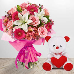 Special Teddy Bear and Assortment of Flowers Special Teddy Bear and Assortment of Flowers