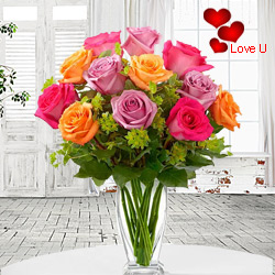 12 Assorted Colour Roses in Vase 12 Assorted Colour Roses in Vase