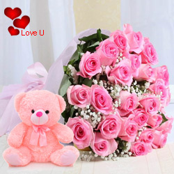 12 Pink Roses Bunch with 6 inch Teddy 12 Pink Roses Bunch with 6 inch Teddy