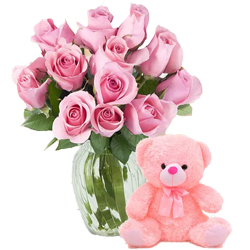 12 Pink Roses in Vase with 6 inch Teddy 12 Pink Roses in Vase with 6 inch Teddy