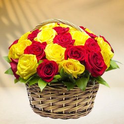 Vibrant Selection of Yellow and Red Coloured Roses in Basket Vibrant Selection of Yellow and Red Coloured Roses in Basket
