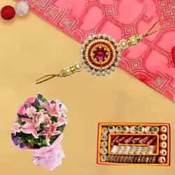 Lively Bunch of Amazing Flowers with 250 Assorted Sweets with One pc. Rakhi Lively Bunch of Amazing Flowers with 250 Assorted Sweets with One pc. Rakhi