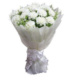 Shop for this elegant Hand Bouquet of Online White Cranations in a tissue wrap Shop for this elegant Hand Bouquet of Online White Cranations in a tissue wrap