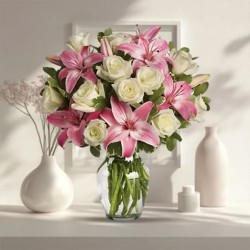 Breathtaking Present of Pink Lilies with White Roses in Glass Vase Breathtaking Present of Pink Lilies with White Roses in Glass Vase