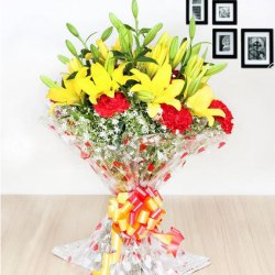 Blooming Red Carnations N Yellow Lilies Bouquet Blooming Red Carnations N Yellow Lilies Bouquet