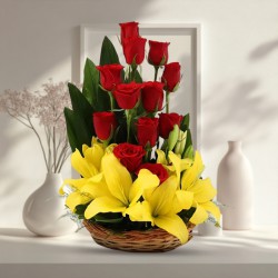 Seasonal Red Roses N Yellow Lilies Basket Seasonal Red Roses N Yellow Lilies Basket