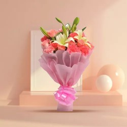 Captivating Pink Carnations, Lily Stems nd Pink Roses Bouquet Captivating Pink Carnations, Lily Stems nd Pink Roses Bouquet