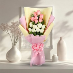 Blushing White N Pink Roses Bouquet enhanced with Filler Flowers Blushing White N Pink Roses Bouquet enhanced with Filler Flowers