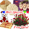 Nicely Gift Wrapped 50 Red Roses Basket Mixed Dry fruits 500 gms. Haldiram's Soan Papdi 500 gms. a small Teddy Bear and Toblerone bar 4 Pcs with free Gulal/Abir Pouch. Nicely Gift Wrapped 50 Red Roses Basket Mixed Dry fruits 500 gms. Haldiram's Soan Papdi 500 gms. a small Teddy Bear and Toblerone bar 4 Pcs with free Gulal/Abir Pouch.