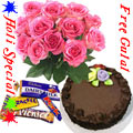 Nicely Gift Wrapped 12 Red Roses Bouquet with Fresh Baked Chocolate Cake 1 Lb From Best Local Bakery and Assorted Chocolates with free Gulal/Abir Pouch. Nicely Gift Wrapped 12 Red Roses Bouquet with Fresh Baked Chocolate Cake 1 Lb From Best Local Bakery and Assorted Chocolates with free Gulal/Abir Pouch.