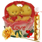 Adorable Twin Teddy with Roses in a Love Basket with 1 Golden Rose and 5 pcs Heart Homemade Chocolate Adorable Twin Teddy with Roses in a Love Basket with 1 Golden Rose and 5 pcs Heart Homemade Chocolate