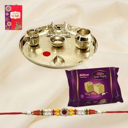 Soan Papri from <font color=#FF0000>Haldiram</font> and Stylish and Trendy looking Silver Plated Paan Shaped Puja Aarti Thali (weight 52 gms) along Rakhi, Roli Tilak and Chawal Soan Papri from <font color=#FF0000>Haldiram</font> and Stylish and Trendy looking Silver Plated Paan Shaped Puja Aarti Thali (weight 52 gms) along Rakhi, Roli Tilak and Chawal
