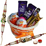 Attractive Chocolate Gift Hamper with Peacock Shaped Rakhi Attractive Chocolate Gift Hamper with Peacock Shaped Rakhi