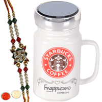 Star Bucks Printed Coffee Mug with Designer Rakhi with Roli Tilak and Chawal Star Bucks Printed Coffee Mug with Designer Rakhi with Roli Tilak and Chawal