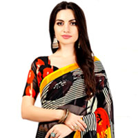Gorgeous Black Color Marble Chiffon Printed Sari with Yellow Border Gorgeous Black Color Marble Chiffon Printed Sari with Yellow Border