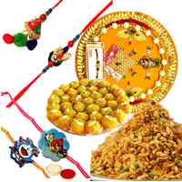 Ecstatic Combo of Boondi Ladoo, Masala Peanuts, Rakhi Thali, 1 Bhaiya Bhabhi Rakhi Set and 2 Kids Rakhi Ecstatic Combo of Boondi Ladoo, Masala Peanuts, Rakhi Thali, 1 Bhaiya Bhabhi Rakhi Set and 2 Kids Rakhi