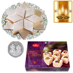 Kaju Katli, Soan Papdi and Silver Plated Coin Kaju Katli, Soan Papdi and Silver Plated Coin