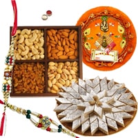 Rakhi Thali with Rakhis, Kaju Katli and Dry Fruits<br><font color=#0000FF>Free Delivery in USA</font> Rakhi Thali with Rakhis, Kaju Katli and Dry Fruits<br><font color=#0000FF>Free Delivery in USA</font>