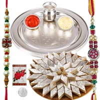 Rakhi Thali with Rakhis, Kaju Katli and Roli Tikka<br><font color=#0000FF>Free Delivery in USA</font> Rakhi Thali with Rakhis, Kaju Katli and Roli Tikka<br><font color=#0000FF>Free Delivery in USA</font>