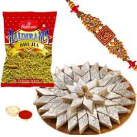 One or More Designer Ethnic Rakhi with 500 Gms. Kaju Katli n 200 Gms. Haldirams Bhujia<br /><font color=#0000FF>Free Delivery in USA</font> One or More Designer Ethnic Rakhi with 500 Gms. Kaju Katli n 200 Gms. Haldirams Bhujia<br /><font color=#0000FF>Free Delivery in USA</font>