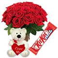 24 Exclusive <font color =#FF0000> Dutch Red </font> Roses Bouquet with Cadburys Chocolate and small teddy bear. 24 Exclusive <font color =#FF0000> Dutch Red </font> Roses Bouquet with Cadburys Chocolate and small teddy bear.