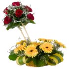 Lovely 7 Roses and 8 Gerberas of Designer Arrangement with Incredible Love Lovely 7 Roses and 8 Gerberas of Designer Arrangement with Incredible Love
